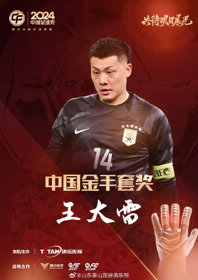  王大雷榮獲中國金手套獎，謝文能入選中國金球獎候選人前三名