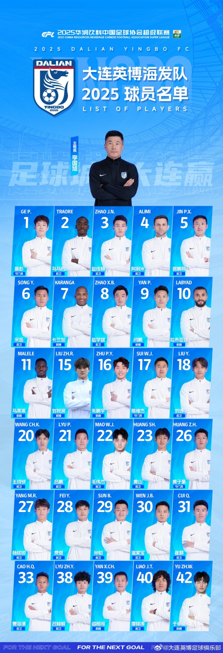  大連英博一線隊(duì)名單：10號(hào)拉布亞德領(lǐng)銜五外援，共30名球員入選