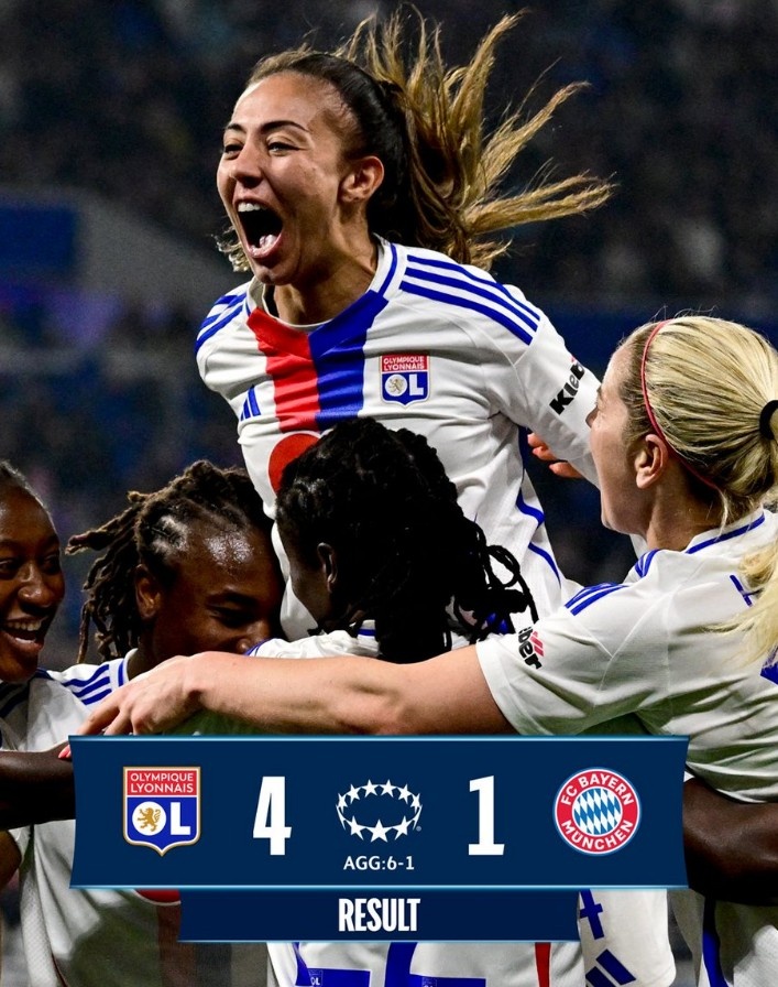  里昂女足4-1大勝拜仁女足，總比分6-1晉級(jí)女足歐冠半決賽